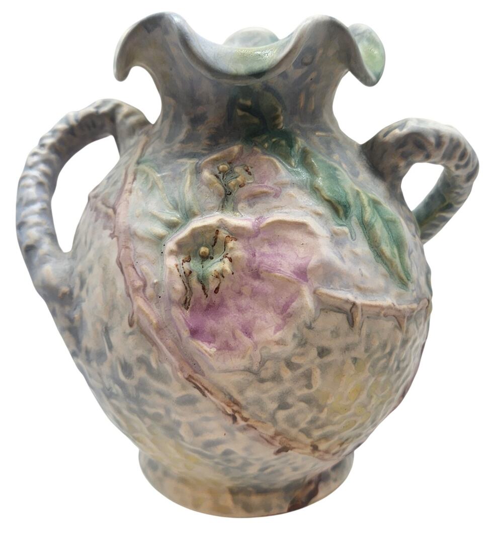 VINTAGE WELLER POTTERY SILVERTONE BULBOUS HANDLED VASE